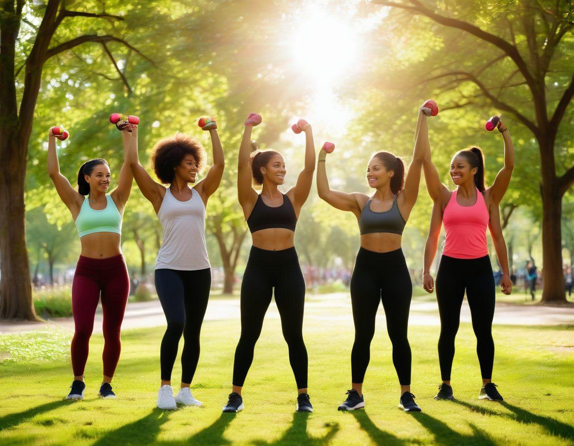 A colorful gathering of diverse women working out together in an urban park, showcasing strength and camaraderie. Include empowering expressions, fitness equipment, and supportive gestures like high-fives. Bright sunlight filtering through trees, representing hope and happiness. Incorporate inspirational quotes subtly in the background. vibrant colors. super-realistic.