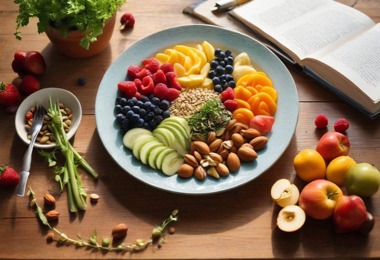 A vibrant, colorful plate filled with a variety of fresh fruits, vegetables, nuts, and seeds, surrounded by uplifting quotes about nutrition and wellness. An open notebook with a pen lies nearby, symbolizing a journey of health and mindful eating. Sunlight streams in, illuminating the scene, creating a feeling of warmth and vitality. super-realistic. bright colors. soft focus.